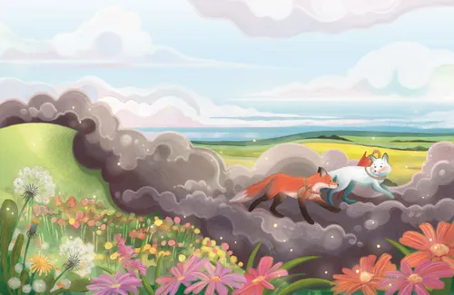Fox and white cat walking through colorful meadow by Teresa Alberini