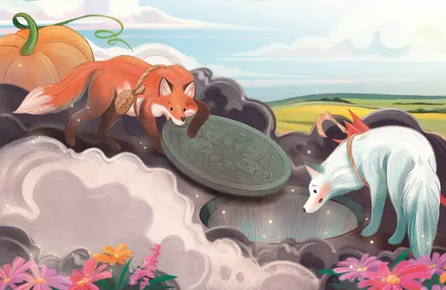 Fox and white deer drinking water near pond in colorful landscape by Teresa Alberini