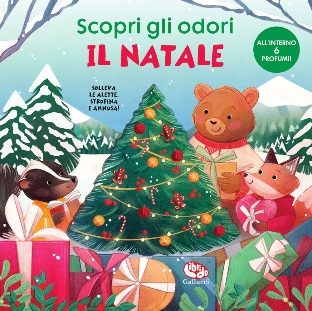 Weihnachtsbaum mit Bär, Fuchs und Dachs, die Geschenke halten, von Teresa Alberini