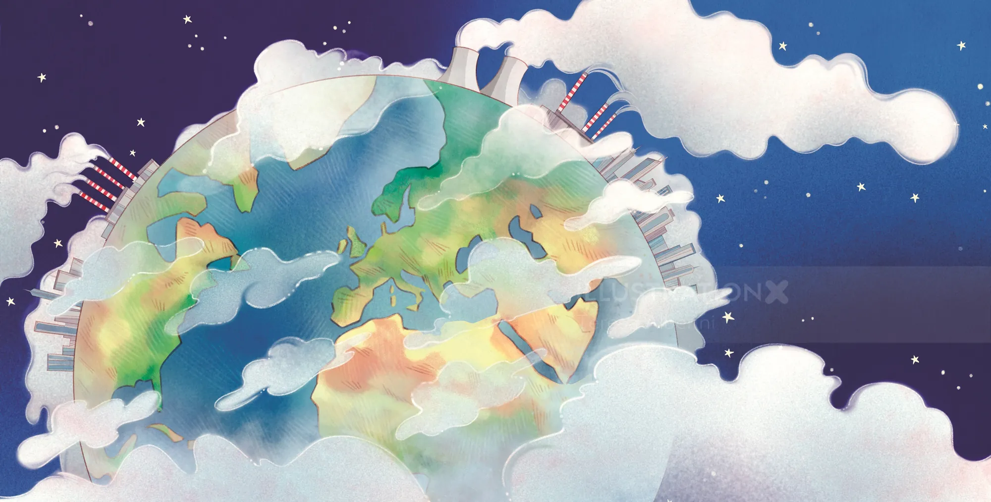 Colorful abstract Earth with clouds and stars by Teresa Alberini