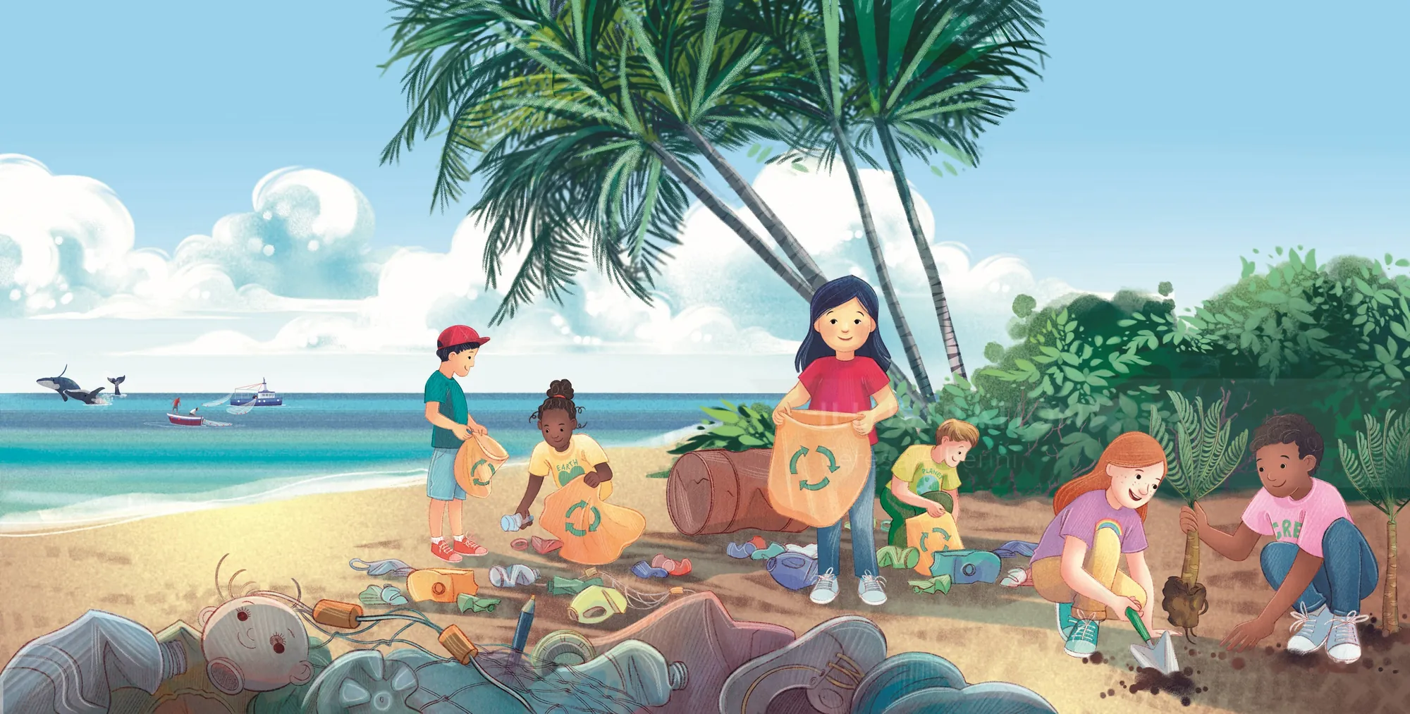 Kinder sammeln Müll an einem sonnigen Strand mit Palmen (Foto: Teresa Alberini)