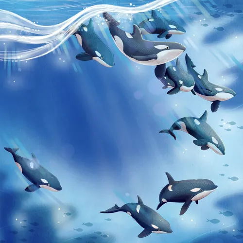 Digitale Illustration von Orcas, die unter Wasser schwimmen, von Teresa Alberini