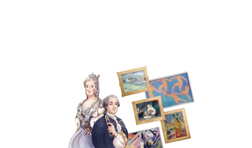 18th century man and woman with floating framed paintings by Teresa Alberini