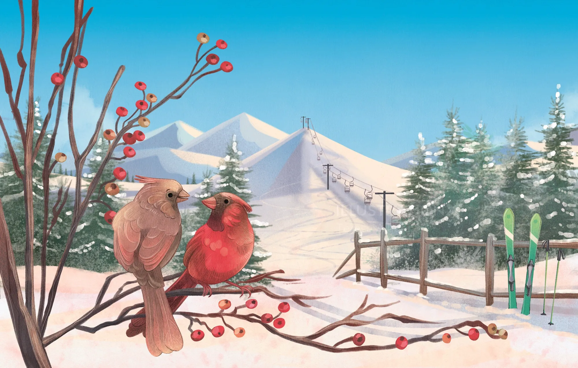 Zwei Kardinäle auf einem Beerenzweig in einer verschneiten Berglandschaft von Teresa Alberini