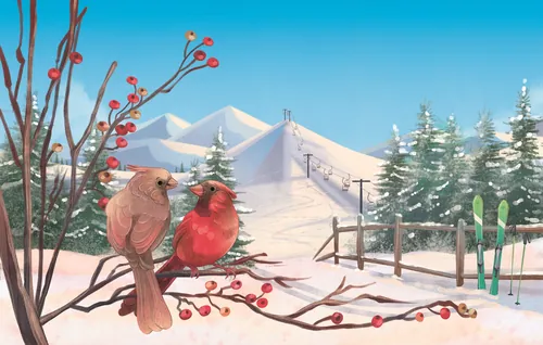 Two cardinals on a berry branch in snowy mountain landscape by Teresa Alberini