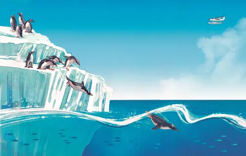Penguins diving from ice cliff into ocean, by Teresa Alberini