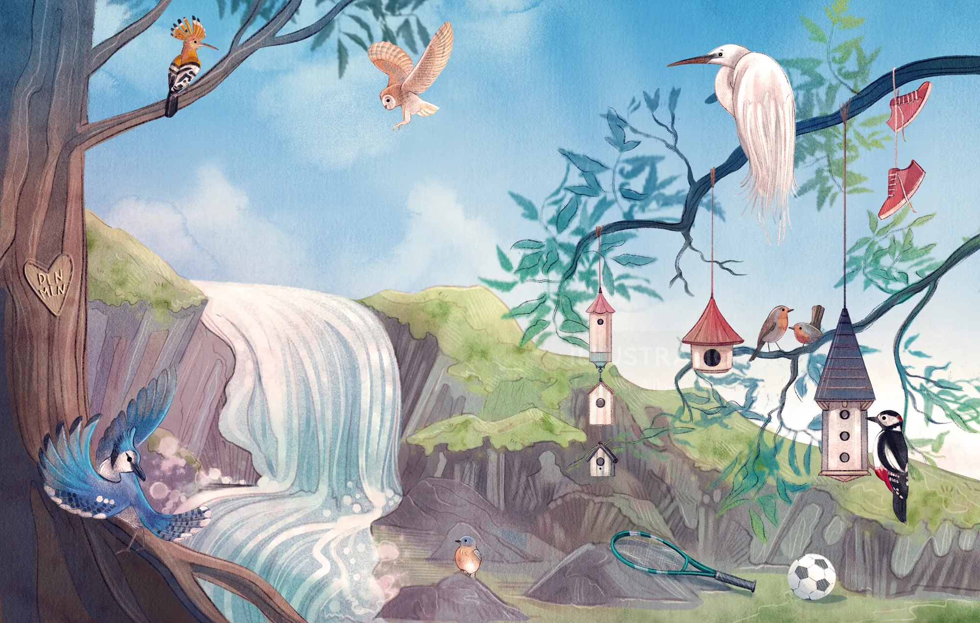 Whimsical forest with waterfall, birds, animals, and treehouses by Teresa Alberini