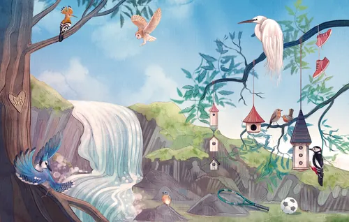 Whimsical forest with waterfall, birds, animals, and treehouses by Teresa Alberini
