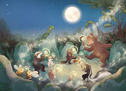 Teresa Alberini Illustration von skurrilen Tieren, die sich unter einem leuchtenden Mond versammeln