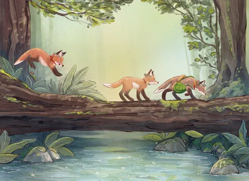 Teresa Alberini Illustration von drei Füchsen, die einen Waldbach erkunden
