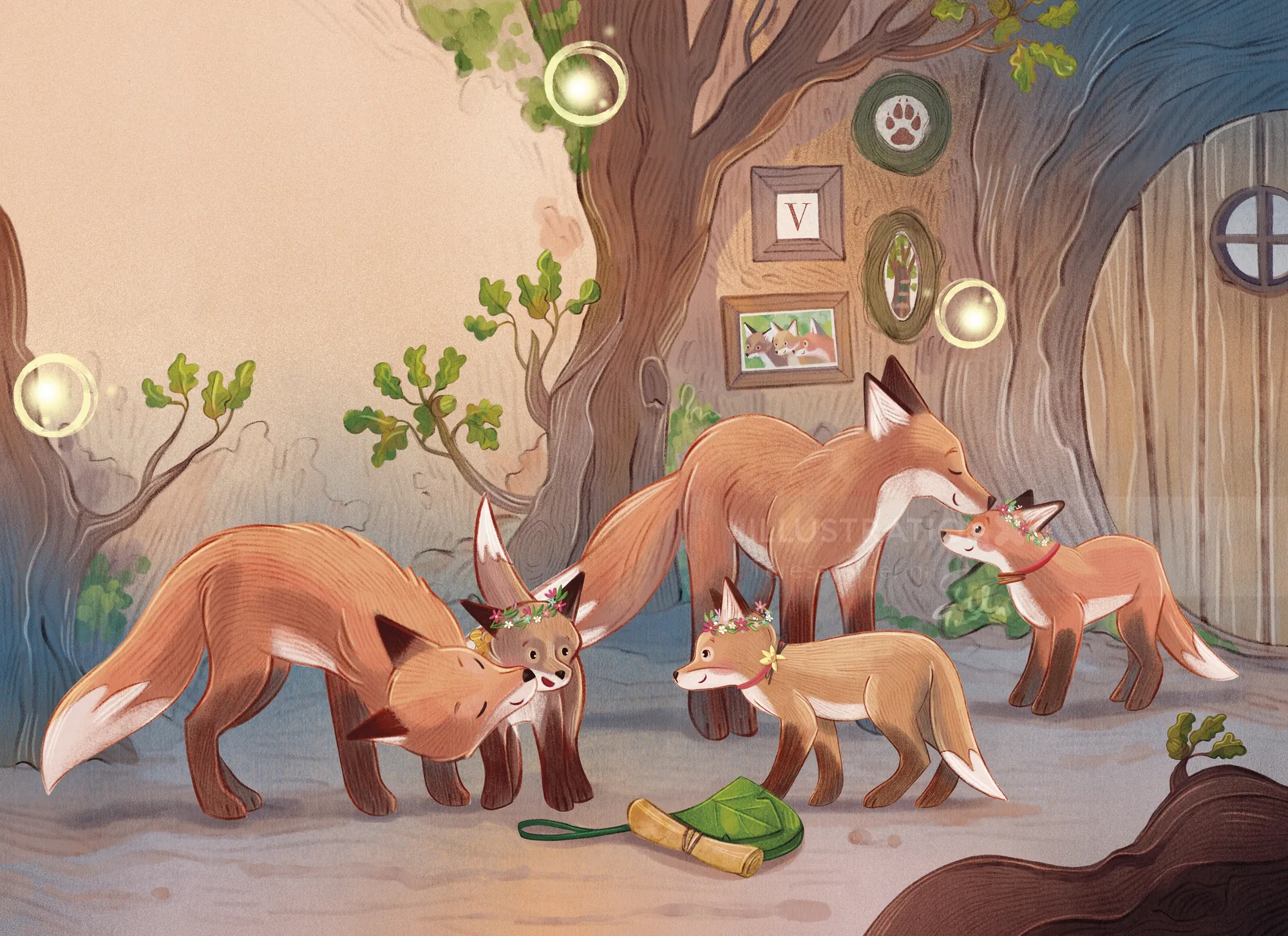 Teresa Alberini illustration of foxes gathered around a decorated woodland tree