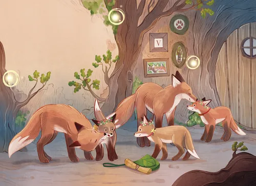 Teresa Alberini Illustration von Füchsen, die sich um einen geschmückten Waldbaum versammelt haben