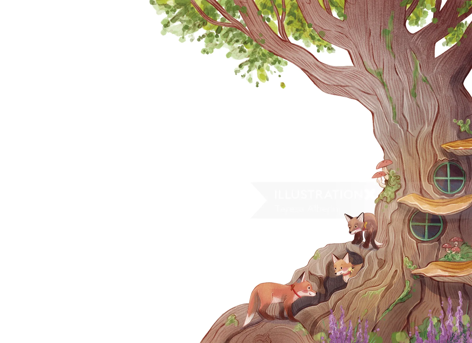 Teresa Alberini illustration of a large tree with woodland animals and flowers