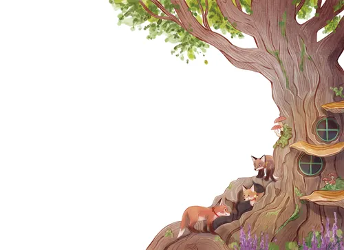 Teresa Alberini Illustration eines großen Baumes mit Waldtieren und Blumen