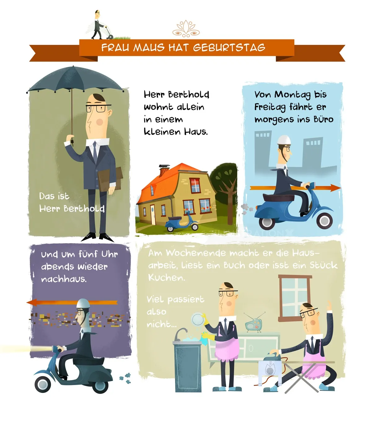 Comic illustration depicting a man living alone, riding scooter, and baking for birthday, by Thies S
