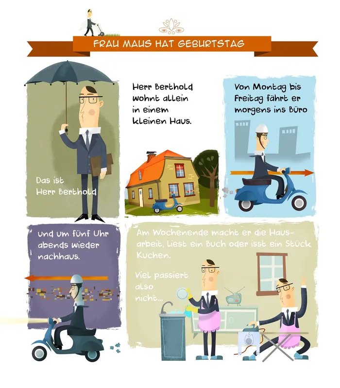 Comic illustration depicting a man living alone, riding scooter, and baking for birthday, by Thies S