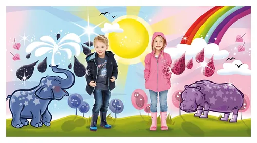 Children in raincoats with cartoon hippos, rainbow, sun, and raindrops, by Thies Schwarz