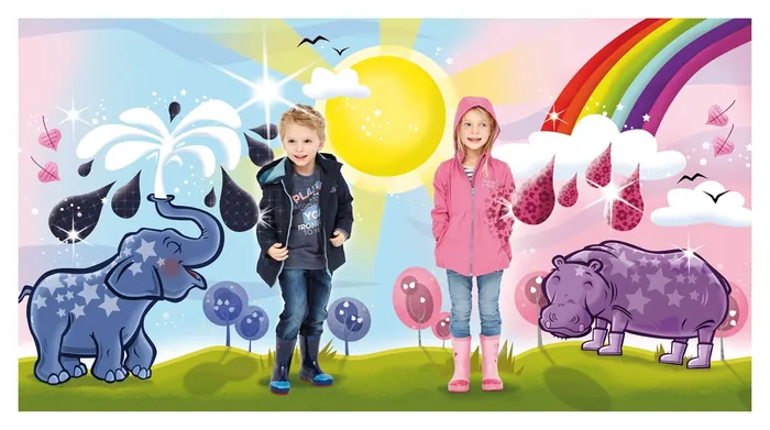 Children in raincoats with cartoon hippos, rainbow, sun, and raindrops, by Thies Schwarz