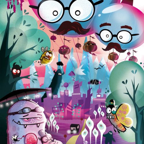 Whimsical creatures with glasses in a vibrant fantasy town by Thies Schwarz