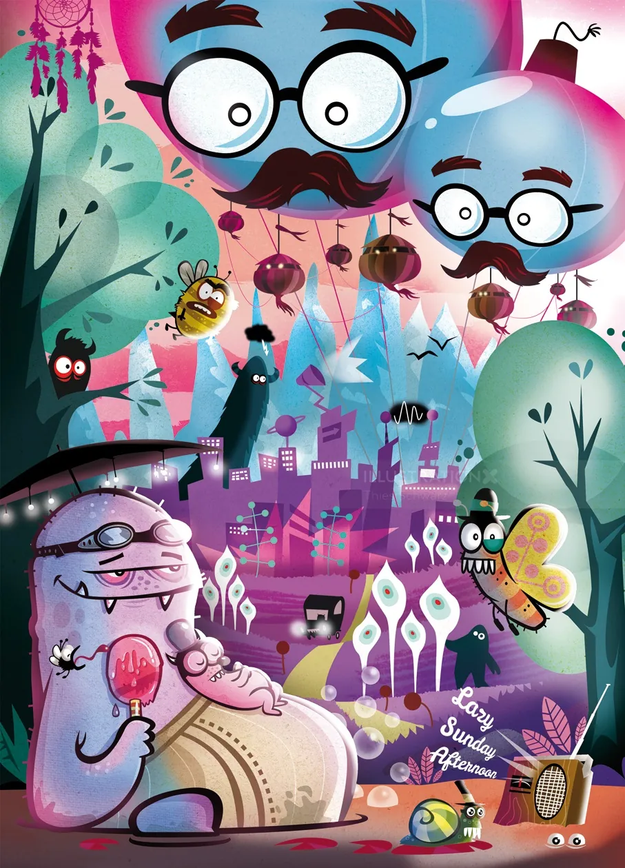 Whimsical creatures with glasses in a vibrant fantasy town by Thies Schwarz
