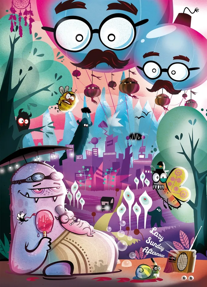 Whimsical creatures with glasses in a vibrant fantasy town by Thies Schwarz