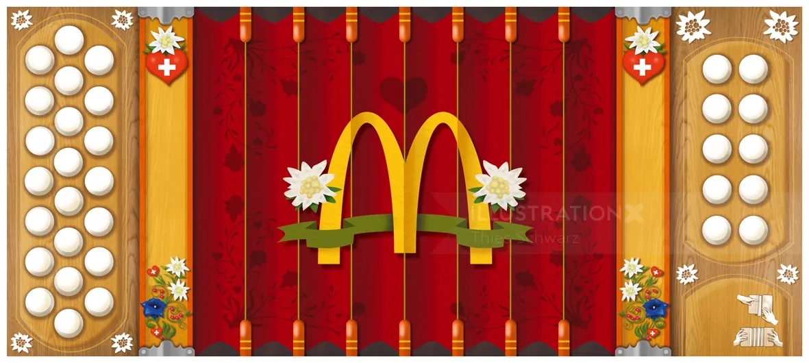 Red curtain with McDonald's logo and decorative flowers by Thies Schwarz
