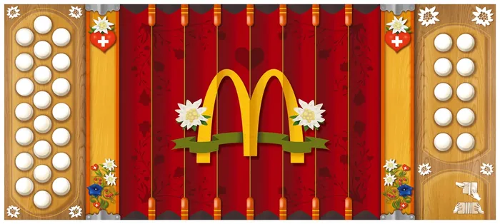 Red curtain with McDonald's logo and decorative flowers by Thies Schwarz