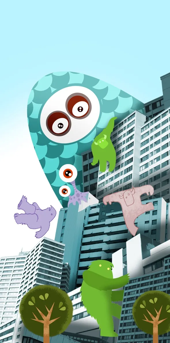 Colorful giant cartoon figures in urban cityscape by Thies Schwarz