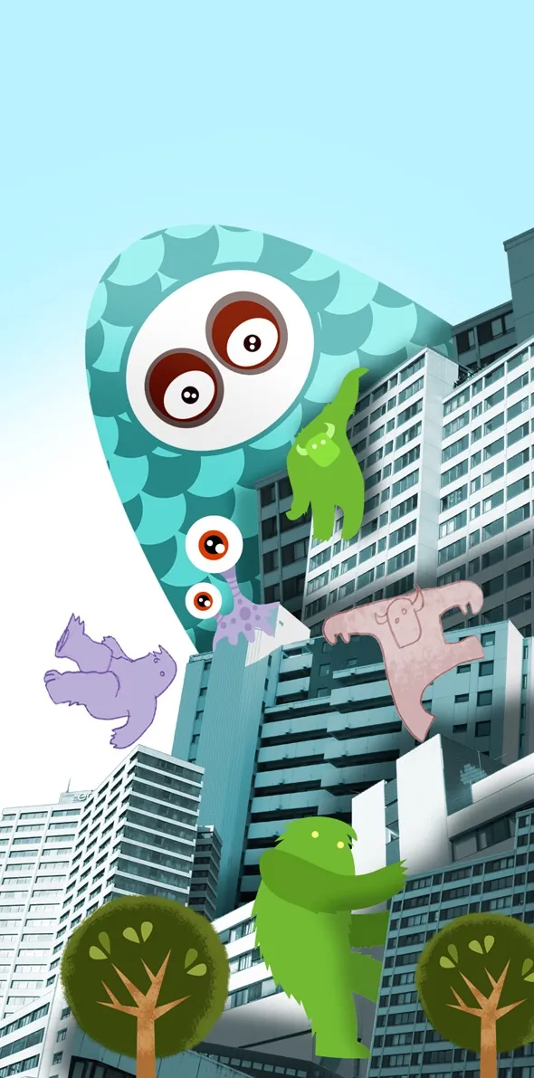 Colorful giant cartoon figures in urban cityscape by Thies Schwarz