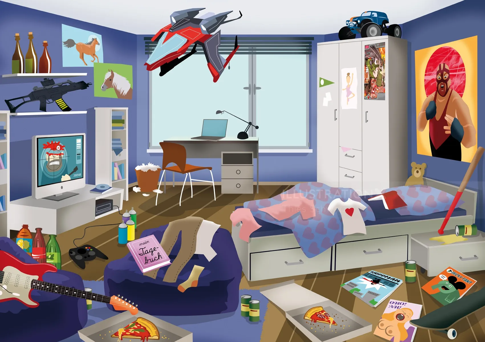 Cluttered teen bedroom with gaming equipment and posters by Thies Schwarz
