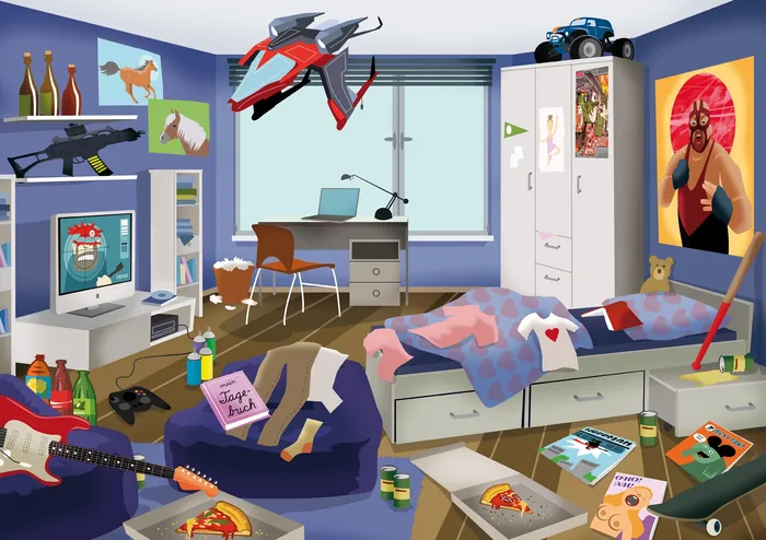 Cluttered teen bedroom with gaming equipment and posters by Thies Schwarz