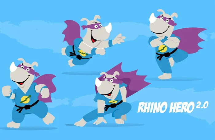 Cartoon rhino superhero character in different poses by Thies Schwarz