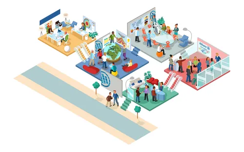 Isometric illustration of various business meetings and teamwork by Thies Schwarz