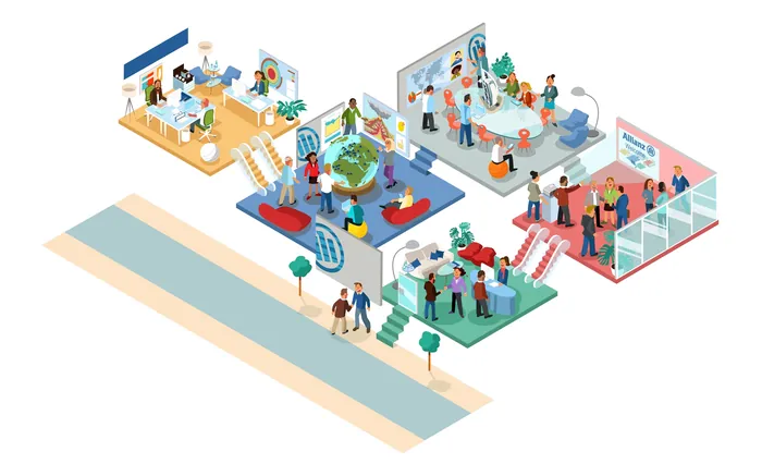 Isometric illustration of various business meetings and teamwork by Thies Schwarz