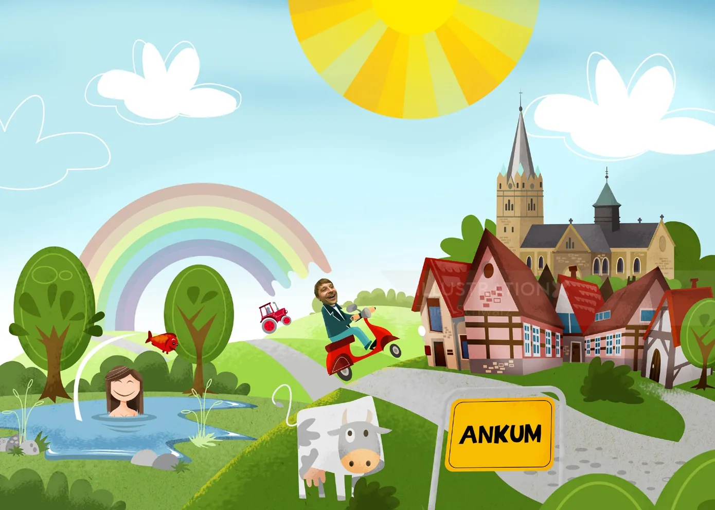 Colorful cartoon view of Ankum village with rainbow and sun by Thies Schwarz