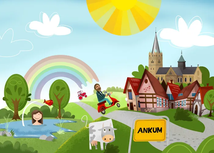Colorful cartoon view of Ankum village with rainbow and sun by Thies Schwarz