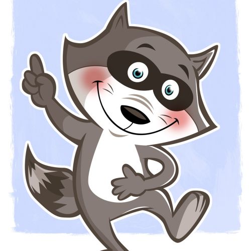 Guaxinim de desenho animado alegre dançando em um fundo azul claro por Thies Schwarz