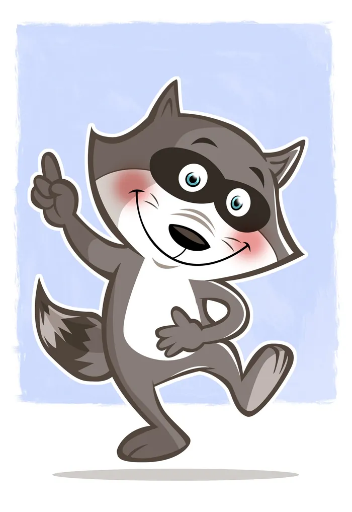 Cheerful cartoon raccoon dancing on a light blue background by Thies Schwarz