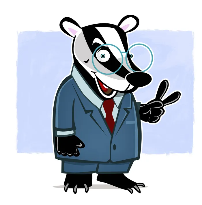 Cartoon badger in business suit showing peace sign by Thies Schwarz