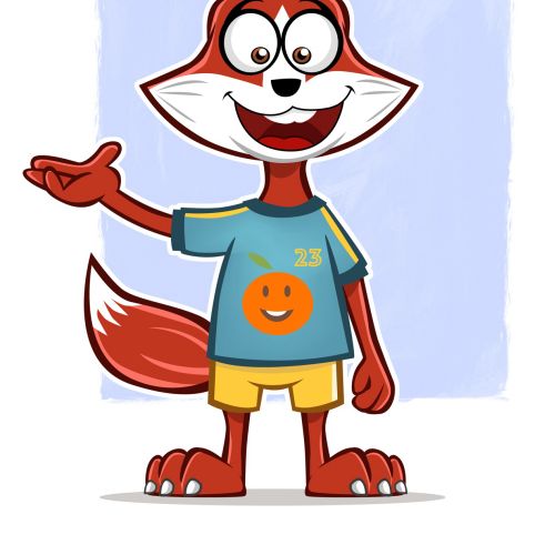 Raposa de desenho animado vestindo camisa azul e shorts amarelos por Thies Schwarz