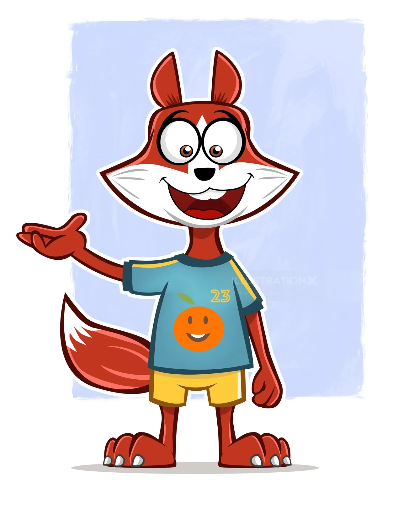 Cartoon fox wearing blue shirt and yellow shorts by Thies Schwarz