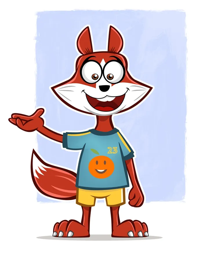 Cartoon fox wearing blue shirt and yellow shorts by Thies Schwarz