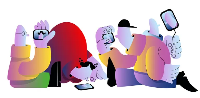 Abstract colorful illustration of people using smartphones in different poses