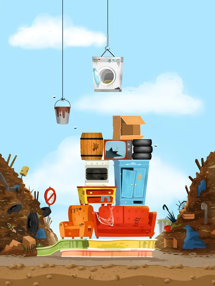 Stack of various household items like washing machine, fridge, and sofa outdoors