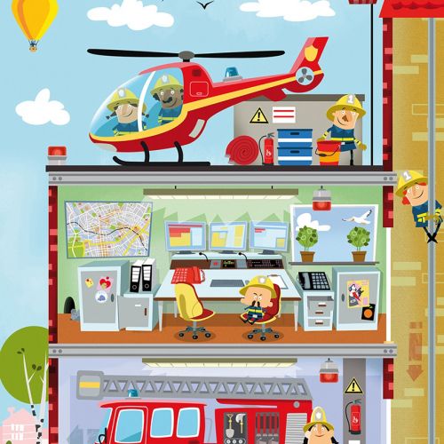 Fire station with firefighters, helicopter on roof, fire truck, and office inside