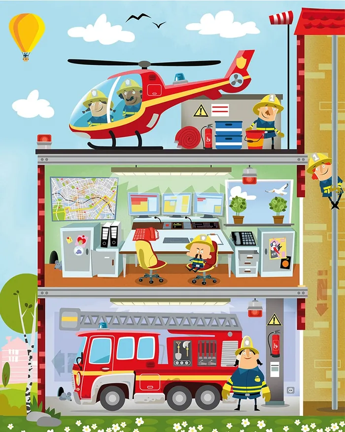 Fire station with firefighters, helicopter on roof, fire truck, and office inside