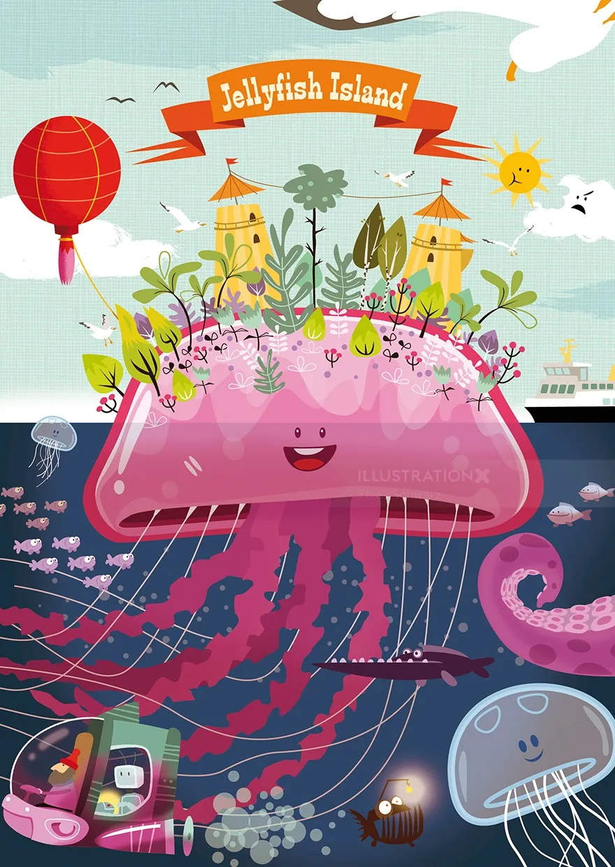Illustration of a happy jellyfish island with plants, buildings, and sea life.