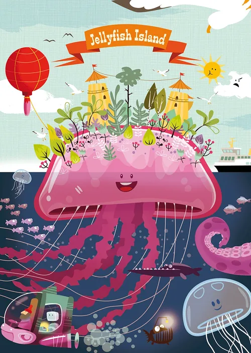 Illustration of a cheerful jellyfish island with plants, buildings, and underwater creatures by Thie