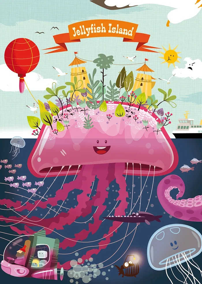 Illustration of a happy jellyfish island with plants, buildings, and sea life.