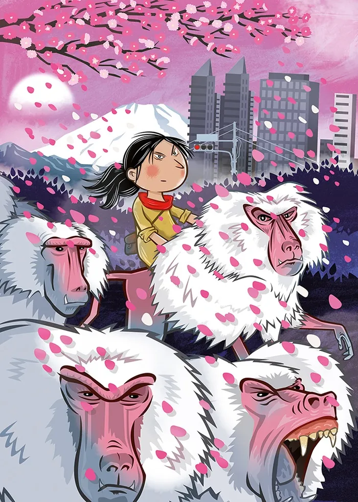 Child riding a white baboon under cherry blossoms with city buildings.